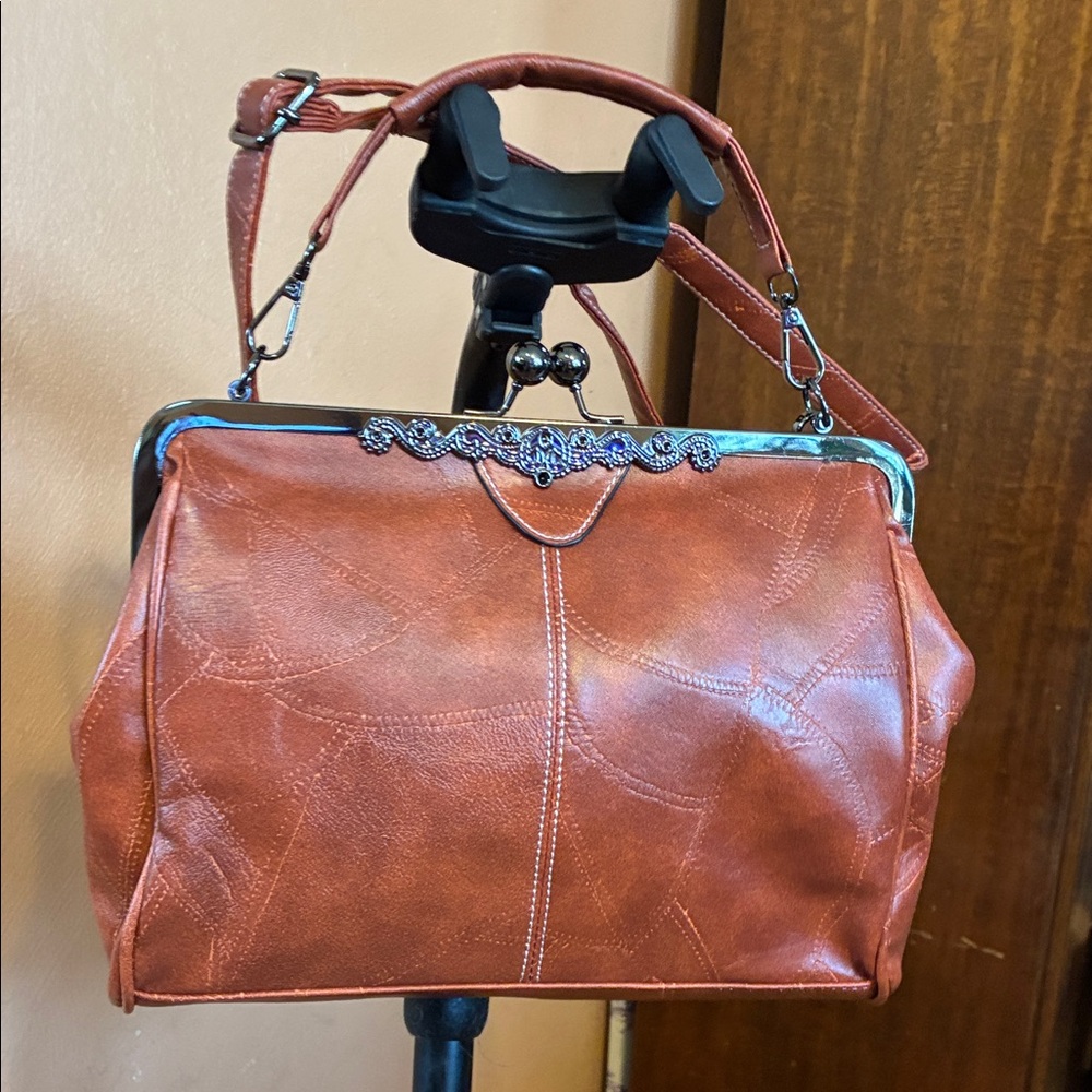 Classic Frame Satchel Handbag in Rust Brown - Gracie Vegan Leather